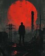 A dystopian scene with a faceless, authoritarian monster figure overlooking a landscape marred by pollution and decay. The figure's silhouette is backlit by the glow of a corrupted, blood-red sun. 