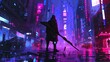A futuristic depiction of a sci-fi warrior wielding a high-tech foehammer in a cyberpunk cityscape. Neon lights illuminate the scene, casting a dynamic interplay of shadows and reflections. 
