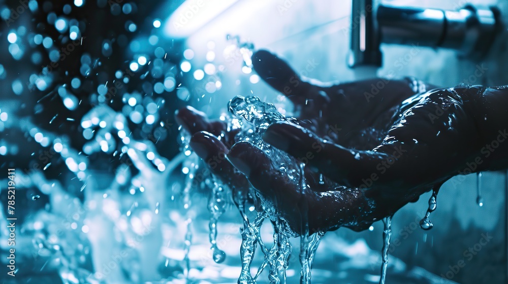 Hands under an advanced sensor-operated faucet, with water droplets ...