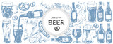 Fototapeta Tęcza - Vector beer illustration set. Beer bottles, glass, mug, snacks, hand holding beer bottle