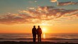 A heartwarming photograph of an elderly couple watching the sunset on a tranquil beach, their silhouettes framed by the warm, golden hues of the evening sky. The image evokes a sense of enduring love 