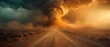 Desert Fury: Tornado's Touch under Amber Skies. Concept Landscape Photography, Dramatic Weather, Nature's Wrath, Storm Chasing, Danger in the Desert