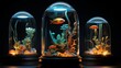 Colorful fishes floating in an aquarium jar on a dark background. Three Glass aquarium with fishes