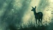 Abstract deer silhouette, forest background, close-up, low angle, ethereal morning mist