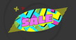 Image of sale text on retro speech bubble with abstract shapes