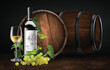 Bottle and transparent glass with white wine on a background of a wooden wine barrel.  3D vector. High detailed realistic illustration.