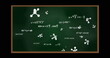 Image of molecules and mathematical equations over board on black background