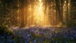 Dense forest with wildflower entrance, close-up on bluebells, low angle, mystical twilight setting -