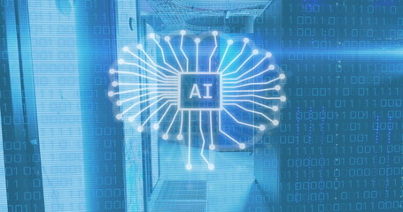 Image of binary codes over ai text in chip against server room in background