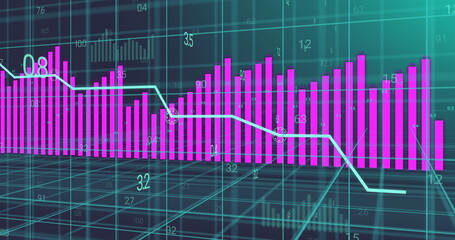 Wall Mural - Image of statistical data processing over grid network against grey background