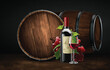 Bottle and transparent glass with red wine on a background of a wooden wine barrel.  High detailed realistic illustration.