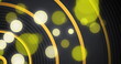 Yellow and white bokeh light spots over moving concentric gold curves