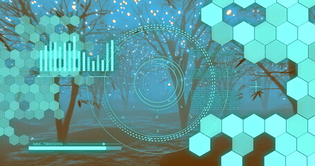 Wall Mural - circular scanner and data processing over lights and tree lined path at night
