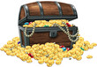 Wooden antique chest full of gold coins and jewelry on a white background. Realistic illustration..