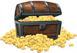 Wooden antique chest  full of gold coins and coins scattered around. Realistic illustration..