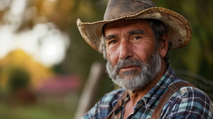 Wall Mural - A man with a cowboy hat and beard is standing in a field. He is wearing a blue plaid shirt and a straw hat. Portrait of a middle aged male farmer