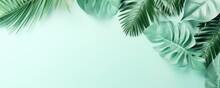 Mint Green Frame Background, Tropical Leaves And Plants Around The Mint Green Rectangle In The Middle Of The Photo With Space For Text