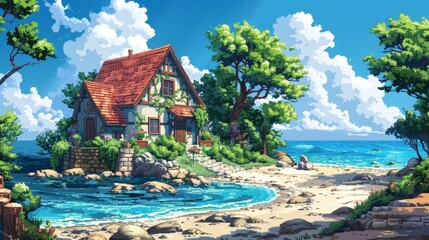 Wall Mural - A picturesque pixel art scene of a cozy house by a serene beach, surrounded by lush greenery under a blue sky with fluffy clouds.