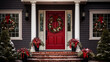 Red door with a wreath front of house, Christmas decorations