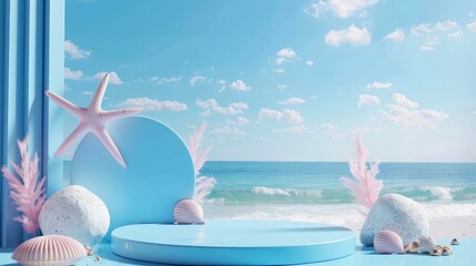 Summer podium background 3D product display beach Background summer podium sea stand stage beauty sky platform shop water Generative Ai