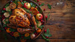 A top view of a Thanksgiving turkey with copy space on a rustic wooden table, capturing the essence of a traditional holiday meal.