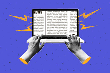 Wall Mural - trendy halftone collage with laptops and hands that print a newspaper on it. modern vector design.