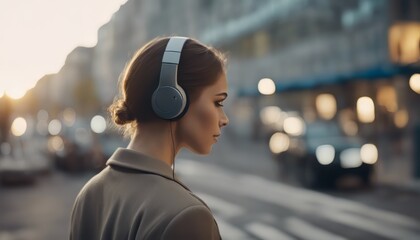 Wall Mural - usiness woman listening to music with earphones while commuting in the morning.