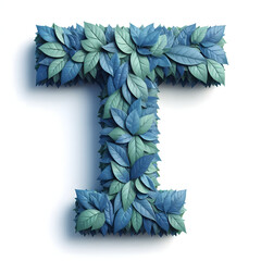 Wall Mural - The letter T is made out of blue Leaves, Isolated on a white background, leaves font concept, Creative Alphabet, Letters, Natural Blue
