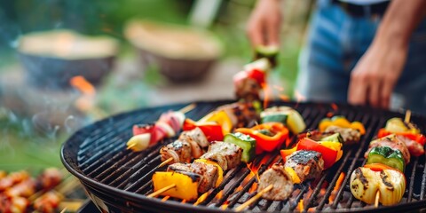 Canvas Print - Grilled skewers with meat and vegetables on a smoky barbecue grill at an outdoor gathering.