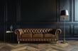 Modern classic black interior with capitone brown leather chester sofa, floor lamp, coffee table