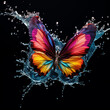 Abstract background with butterflies in multicolors and splashing wather around it. Black background.