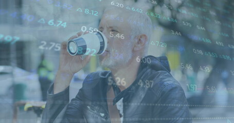 Poster - Image of data processing over caucasian man drinking coffee