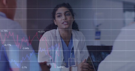 Sticker - Image of multiple graphs with changing numbers over diverse doctors discussing patient reports