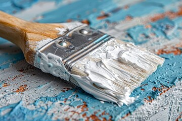 Macro image capturing the bristles of a paintbrush coated in thick white paint, emphasizing texture and art tools