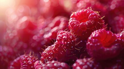 Wall Mural - Sunlit Fresh Red Raspberries Close-up