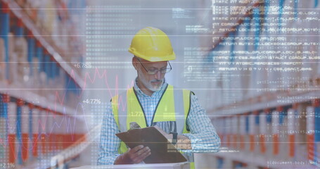 Canvas Print - Image of statistics and data processing over caucasian man working in warehouse