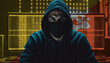 Hacker in a dark hoodie sitting in front of a monitors with Bhutan flag and background cyber security concept