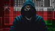 Hacker in a dark hoodie sitting in front of a monitors with Oman flag and background cyber security concept