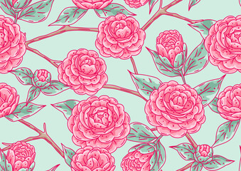 Wall Mural - Pattern with camellia flowers. Beautiful decorative plants.