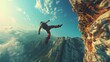 Capture the adrenaline rush of a base jumper leaping off a cliff, with the mind-bending perspective of a dream Utilize digital rendering techniques to blend reality and surrealism
