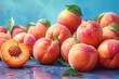 A pile of peaches with water drops on a blue background.