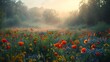 Wildflower meadow leading to misty forest, close-up on poppies, bird's-eye view, soft dawn ambiance -