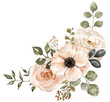 Beautiful floral wreath. Watercolor pink, light orange flowers and dusty green leaf painting. Holiday botanical arrangement. PNG clipart.