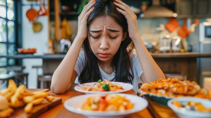 distressed young lady with a variety of dishes on table, looking stressed about making a food choice