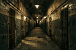 Dimly lit corridor in an abandoned prison with cell doors on sides