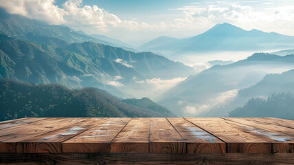 Wall Mural - Empty beautiful wood table top counter on mountain background