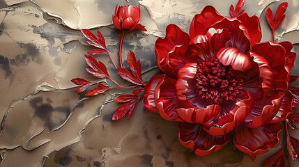 Wall Mural - red decorative volumetric peony flower on the background of a decorative wall.