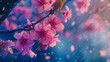 Closeup of pink cherry blossoms in the rain, colorful illustration