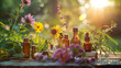 Selection of aromatherapy essential oils and herbal tinctures in glass bottles on a wooden table in a garden in sunlight