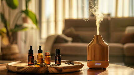 vapor coming out of an aromatherapy diffuser to disperse essential oils in the room in a modern cozy